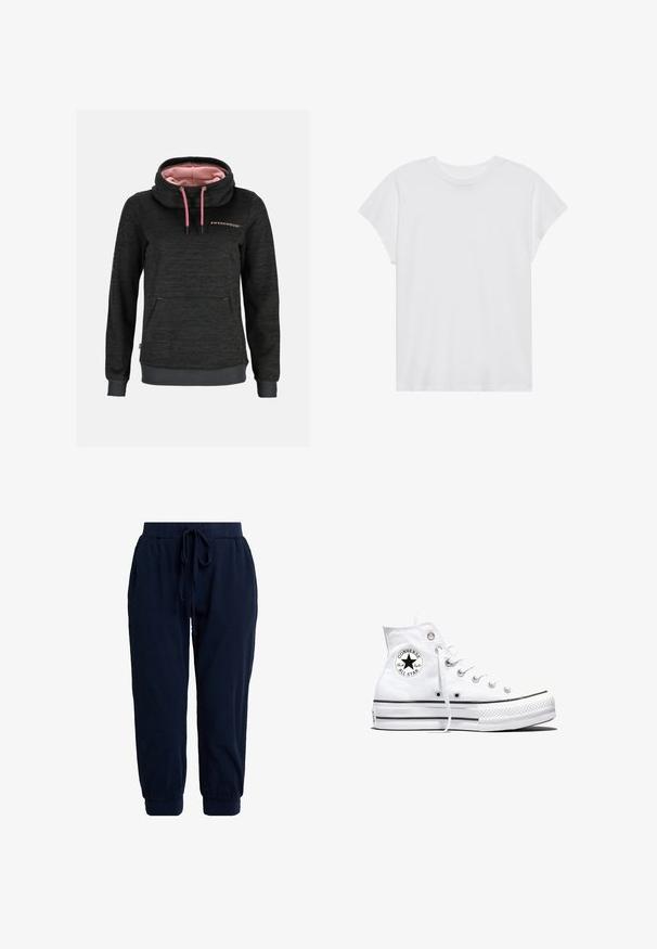 Mørkegrå hættetrøje med lyserøde snore, høj krave, lyserødt for, forlomme og teksten "Swedemount" på brystet.; Hvid kortærmet t-shirt med rund hals, afslappet pasform, lavet af blødt bomuldsstof. Glat tekstur, ingen mønstre eller logoer.; Marineblå joggingbukser lavet af blødt stof. Har en elastisk talje med snøre og manchetter ved anklerne for en afslappet pasform.; Hvid højtop Converse Chuck Taylor All Star-sneaker med sort logo-patch og hvide snørebånd, vist på hvid baggrund.