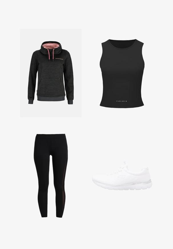 Dunkelgraues Kapuzen-Sweatshirt mit pinken Kordeln, hohem Kragen, pinkem Futter, Fronttasche und "Swedemount" Schriftzug auf der Brust.; Carlheim SERENITA TANK ACTIVE - Top - black; Schwarze Leggings aus dehnbarem Stoff mit glatter Textur. Verfügt über Mesh-Einsätze an den Seiten, die ein kontrastierendes Designelement bieten.; Weiße Sportlichkeit mit einem strukturierten Strick-Obermaterial, einem silbernen Akzent an der Sohle und einer flexiblen Gummisohle für Komfort und Unterstützung.