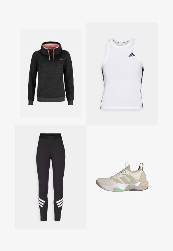 Mørkegrå hættetrøje med lyserøde snore, høj krave, lyserødt for, forlomme og teksten "Swedemount" på brystet.; Hvid athletic tanktop med sorte sideaccentuer og logo. Har en scoop-neckline og tætsiddende design, lavet af letvægts, åndbart materiale.; Sorte leggings lavet af strækbart materiale, med en bred talje og tre hvide vandrette striber nær de nederste ben.; Beige atletiske sko med mesh-overdel, tre hvide striber, grønne accenter og tekstureret sål. Funktioner en pull-tab på hælen og let polstring.