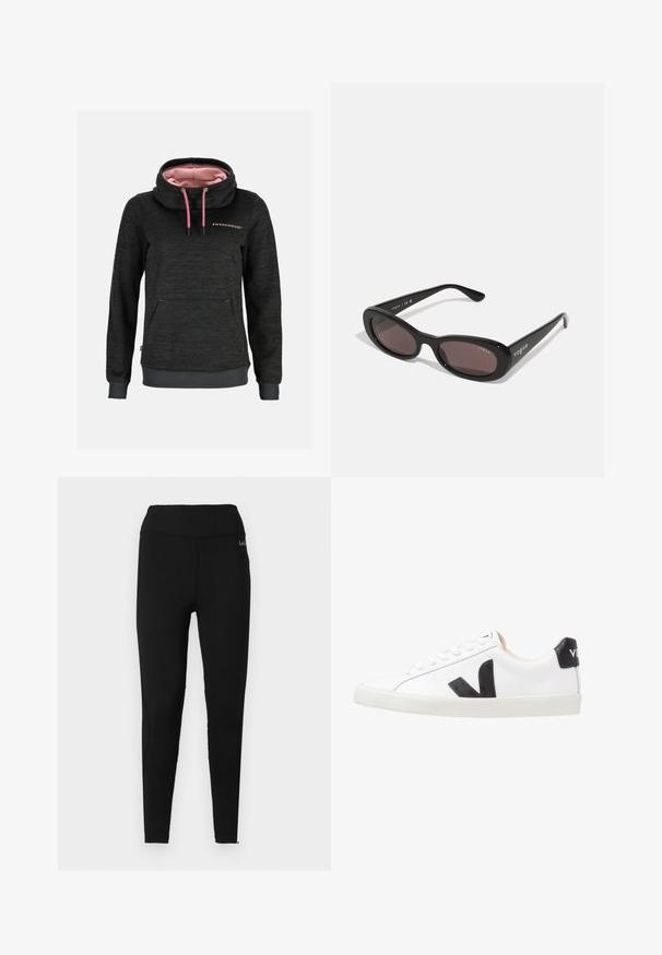 Dunkelgraues Kapuzen-Sweatshirt mit pinken Kordeln, hohem Kragen, pinkem Futter, Fronttasche und "Swedemount" Schriftzug auf der Brust.; Schwarze, hoch taillierte, knöchellange Leggings mit glatter Oberfläche und kleinem weißen Logo nahe dem Bund auf der rechten Seite.; Weißer Sneaker mit einem schwarzen V-Logo, ausgestattet mit einem glatten Lederoberteil, runder Zehenpartie, Schnürverschluss und kontrastierendem schwarzen Fersenbereich.; Schwarze Sonnenbrille mit ovalen Rahmen, dunkel getönten Gläsern und "vogue" in Weiß auf den äußeren Bügeln gedruckt. Glattes Plastikmaterial.