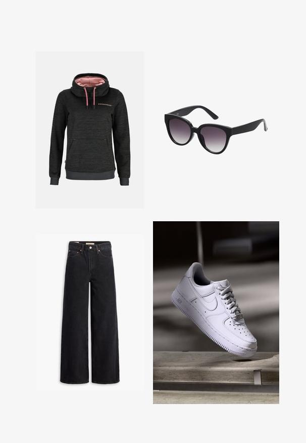 Dunkelgraues Kapuzen-Sweatshirt mit pinken Kordeln, hohem Kragen, pinkem Futter, Fronttasche und "Swedemount" Schriftzug auf der Brust.; Schwarze weite Jeans aus Denim mit fünf Taschen, Kupferrivets und einem klassischen Knopfverschluss. Glatte Textur mit einem klaren Design.; Weißer Nike Air Force 1 Sneaker schwebt über einer Betonoberfläche mit Schatten in einem minimalistischen Umfeld.; Schwarze Cat-Eye-Sonnenbrille mit grauen Verlaufslinsen. Dicke, glänzende Kunststoffrahmen und sich verjüngende Bügel. Keine sichtbaren Marken oder Verzierungen.