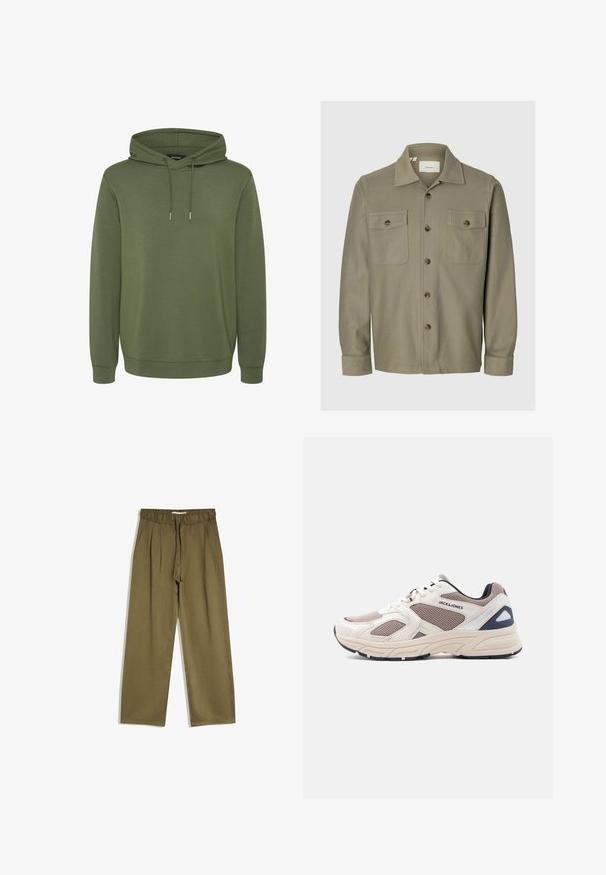 Olivgrüner Hoodie aus weichem Material, mit einer geräumigen Kapuze mit Kordelzügen sowie gerippten Bünden und Saum für eine angenehme Passform.; Langärmliges khakifarbenes Hemd mit Knöpfen, zwei vorderen Knopftaschen auf der Brust und einem breiten Kragen.; Olivgrüne Hose mit weitem Bein, elastischem Bund und Kordelzug, mit Falten vorne und seitlichen Taschen.; Beige und taupefarbener Mesh- und synthetischer Sportschuh mit Schnürung vorne, gepolsterter Sohle und "JACK & JONES" Logo an der Seite.