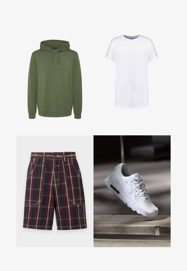 Olivgrüner Hoodie aus weichem Material, mit einer geräumigen Kapuze mit Kordelzügen sowie gerippten Bünden und Saum für eine angenehme Passform.; Weißes Baumwoll-T-Shirt mit kurzen Ärmeln, Rundhalsausschnitt und lockerer Passform. Glatte Textur und keine sichtbaren Muster oder Designs.; Karierten Shorts mit schwarzen, lila und beige vertikalen und horizontalen Streifen, ausgestattet mit Fronttaschen, Gürtelschlaufen und weißen Kontrastnähten.; Weiße Nike Air Max 90 Sneaker mit einem Obermaterial aus Mesh und Leder, durchlässigem Zehenbereich und einer sichtbaren Air-Einheit in der Ferse.