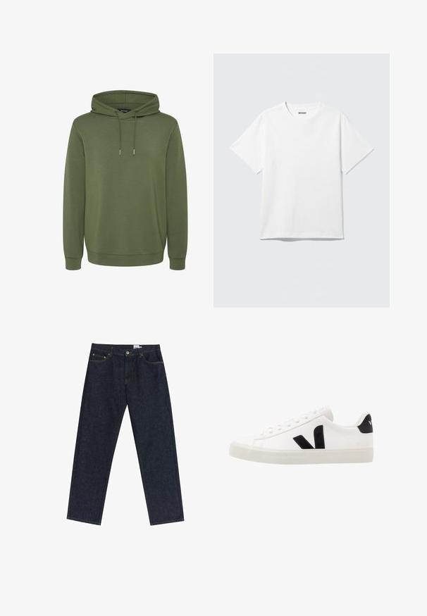 Olijfgroene hoodie van zacht materiaal, met een ruime capuchon met trekkoorden en ribgebreide manchetten en onderrand voor een comfortabele pasvorm.; Witte T-shirt met korte mouwen en ronde hals, plat gelegd, effen ontwerp, met een "WEEKDAY" label in de kraag op een lichte achtergrond.; Donkerblauwe denim jeans met een rechte pijpdesign, vijf-pocket stijl, koperen klinknagels en een label op de tailleband. Glad textuur.; Witte leren sneaker met zwarte suède accenten; voorzien van een rubberen zool, ronde neus en een klassieke vetersluiting. Zijkant met logo in het zwart.