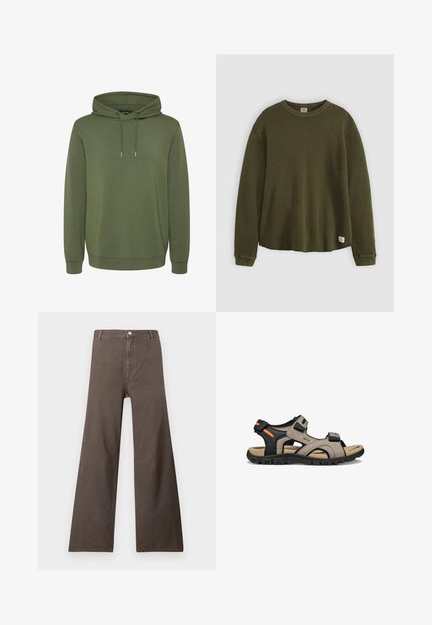 Olivgrüner Hoodie aus weichem Material, mit einer geräumigen Kapuze mit Kordelzügen sowie gerippten Bünden und Saum für eine angenehme Passform.; Olivgrüner Langarmpullover aus strukturiertem, geripptem Material mit Rundhalsausschnitt, lockerer Passform und kleinem Markenetikett am unteren Saum.; Braune weite Hosen mit hoher Taille, Knopfverschluss, Gürtelschlaufen und sichtbaren Nähten an den Beinen.; Beige und schwarze Sandalen mit offenem Zehenbereich, einstellbaren Riemen, perforiertem Design, gepolsterter Innensohle und robustem Gummisohle für guten Halt.