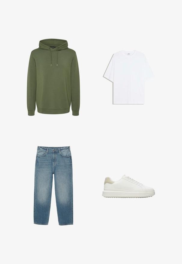 Olijfgroene hoodie van zacht materiaal, met een ruime capuchon met trekkoorden en ribgebreide manchetten en onderrand voor een comfortabele pasvorm.; Wit oversized katoenen T-shirt met een ronde hals en korte mouwen; gladde textuur, zonder zichtbare patronen of accenten.; Blauwe spijkerbroeken van denim met een rechte pijp, vijf zakken, knoopsluiting en een lichte vervaging op de voorkant van de bovenbenen.; Witte sneakers van glad leer met een gestructureerde beige hielaccent, voorzien van ronde veters, een laag profiel ontwerp en een rubberen buitenzool.