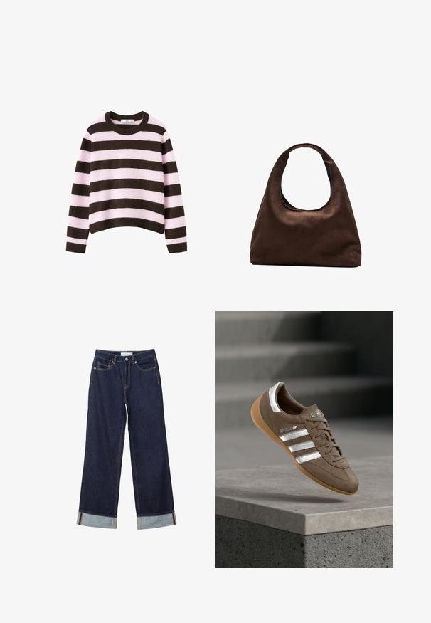 Pull en tricot rayé marron et rose avec un col rond et des manches longues, présentant un design court et une texture douce.; Jean denim bleu foncé à jambes larges avec ourlets retroussés, bouton devant, braguette zippée et design à cinq poches.; Baskets en daim marron avec des rayures blanches et des accents argentés, dotées d'une tige texturée, d'un système de laçage et d'une semelle en caoutchouc gomme.; Sac à main en toile marron doux de style hobo avec une large sangle unique et une ouverture en haut arrondie, présenté sur un fond blanc.