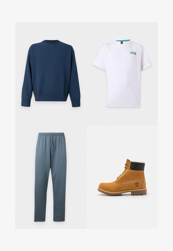 Marineblaues langärmliges Rundhals-Sweatshirt mit gerippten Bündchen und Saum, mit dezent gesticktem Markenlogo auf der linken Brustseite.; Weißes T-Shirt mit kurzen Ärmeln, kleinem türkisen The North Face-Logo auf der linken Brust und rundem Ausschnitt.; Blaugraue Sweatpants mit elastischem Bund, verstellbarem Kordelzug und geraden Beinen, dargestellt vor weißem Hintergrund.; Braune Leder-Ankle-Boots mit Metallösen, weißem Kunstfellfutter, schwarzem gepolstertem Kragen, robustem Sohlenprofil und geprägtem Logo an der Seite.