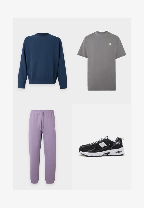 Marineblaues langärmliges Rundhals-Sweatshirt mit gerippten Bündchen und Saum, mit dezent gesticktem Markenlogo auf der linken Brustseite.; Graues T-Shirt mit kurzen Ärmeln und Rundhalsausschnitt, mit einem kleinen weißen New Balance-Logo auf der linken Brust vor einfachem Hintergrund.; Jogginghose in Fliederfarbe mit elastischem Bund und Bündchen an den Knöcheln, mit kleinem weißem Logo am linken Oberschenkel.; Schwarze und graue Sportschuhe mit Obermaterial aus Mesh und Wildleder, ausgestattet mit einer weißen Zwischensohle, Schnürsenkeln und einem markanten "N"-Logo an der Seite.