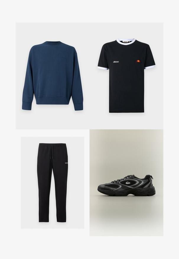 Sweatshirt à col rond à manches longues de couleur bleu marine, avec des poignets et un ourlet côtelés, arborant un logo de marque brodé discret sur le côté gauche de la poitrine.; T-shirt noir à manches courtes avec bordure blanche sur le col et les manches, arborant un petit patch logo "ellesse" et un emblème demi-cercle orange et rouge.; Pantalon de jogging noir coupe slim avec taille élastique, cordon de serrage, chevilles côtelées et petit logo blanc sur la cuisse droite.; Baskets de sport noires et grises avec des panneaux en mesh, un design à lacets, une semelle épaisse et un petit logo de crocodile sur le côté.