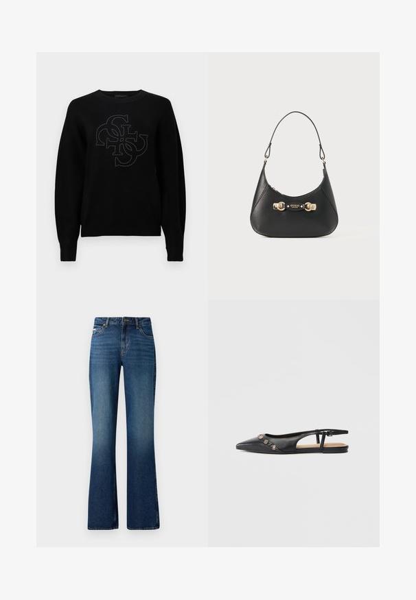 Pull noir en tissu doux avec un col rond, arborant un logo central délimité par de petits clous, et des poignets côtelés.; Jeans évasés dans un lavage bleu moyen, présentant un design classique à cinq poches, une fermeture à bouton et une texture légèrement décolorée.; Mocassin plat à bout pointu en cuir noir avec breloques décoratives dorées sur le dessus et une petite bride à boucle au talon.; Sac à main en cuir noir avec une silhouette courbée, doté d'une anse supérieure, de quincaillerie dorée et d'un plaque de logo à l'avant. Texture lisse.