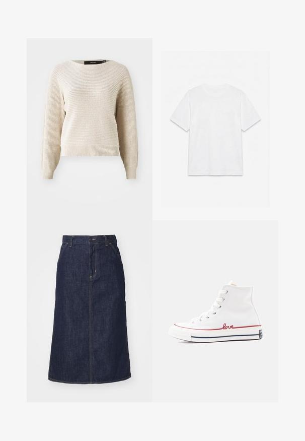 Pull en maille beige clair avec une finition texturée, col rond et manches longues. Doté d'un ourlet et de poignets côtelés, coupe décontractée.; T-shirt blanc uni à manches courtes et col rond, posé à plat sur un fond blanc.; Jupe en denim foncé à taille haute, coupe droite, poches avant et coutures surpiquées. Fermeture à glissière et bouton à la taille.; Baskets montantes en toile blanche avec broderie rouge "love", bout en caoutchouc et lacets ton sur ton. Comprend une bande rouge et marine sur la semelle.