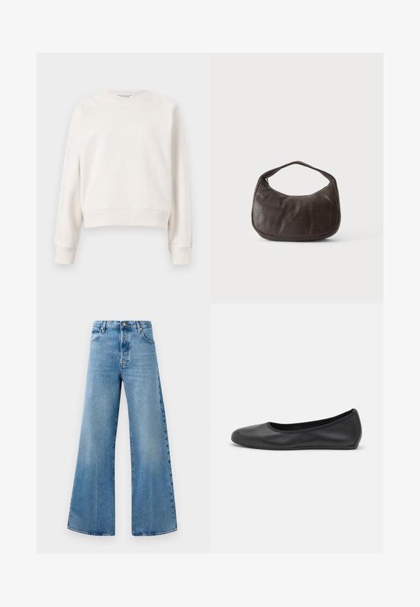 Sweat-shirt blanc cassé à manches longues avec col ras du cou, poignets et ourlet côtelés, présenté sur un fond uni.; Jean en denim léger bleu clair à taille haute, muni de poches avant, d'une fermeture à bouton et de détails de décoloration subtils.; Ballerines en cuir noir avec un bout rond, texture lisse, détails de couture minimalistes et design de semelle flexible.; Petit sac à main marron foncé texturé avec une courte bandoulière et un fond arrondi sur un fond clair uni.