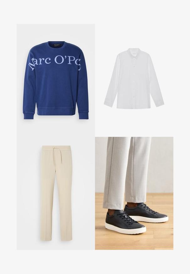 Sudadera de algodón azul con cuello redondo, mangas largas y un gran texto blanco que dice "Marc O'Polo" en la parte frontal.; Camisa blanca de manga larga hecha de tela suave, con cuello puntiagudo, cierre frontal de botones y puños de un solo botón.; Pantalones beis con cintura elástica y cordón. Presentan piernas rectas y una textura suave, adecuados para el uso casual o para relajarse.; Zapatillas de cuero negro con superficie texturizada, suela de goma blanca, cordones planos, combinadas con pantalones de traje gris claro.