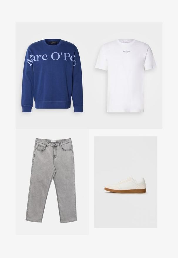 Sudadera de algodón azul con cuello redondo, mangas largas y un gran texto blanco que dice "Marc O'Polo" en la parte frontal.; Camiseta blanca de manga corta de algodón con cuello redondo. Presenta el logo "Marc O'Polo" en negro en el pecho. Textura suave, diseño minimalista.; Vaqueros de mezclilla gris claro con botón y cremallera delanteros, trabillas para cinturón y cinco bolsillos, colocados planos sobre un fondo blanco.; Zapatilla blanca con una puntera de ante, parte superior sintética suave y suela de goma marrón. Presenta perforaciones en los laterales para mayor transpirabilidad.