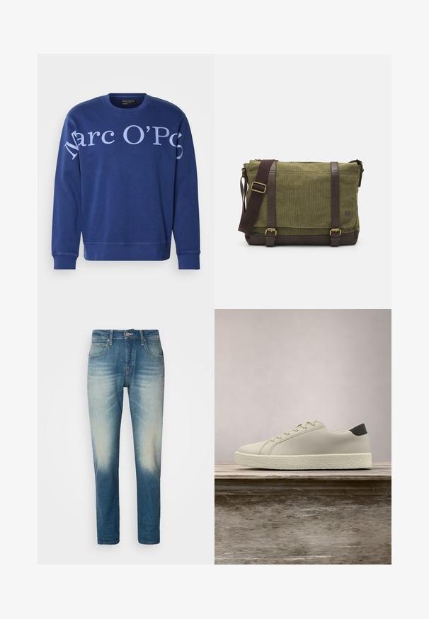 Sudadera de algodón azul con cuello redondo, mangas largas y un gran texto blanco que dice "Marc O'Polo" en la parte frontal.; Vaqueros de mezclilla azul claro con un acabado desgastado, cinco bolsillos, cierre de botón, diseño de pierna recta y detalles de costura en contraste.; Zapatilla blanca con suela texturizada y detalle negro en el talón, flotando sobre un banco de madera con hierba alta y verde de fondo.; Bolso mensajero de tela verde con detalles de cuero marrón, tapa frontal, correa ajustable y cierre con cremallera en la parte superior. Presenta herrajes dorados.