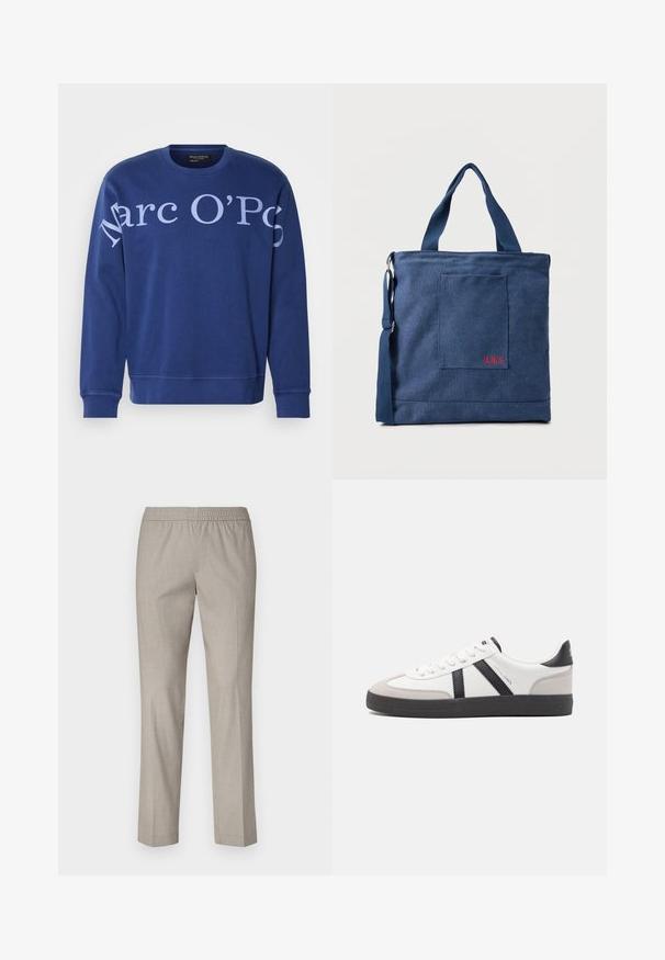 Blaues Sweatshirt aus Baumwolle mit Rundhalsausschnitt, langen Ärmeln und großen weißen Buchstaben mit der Aufschrift "Marc O'Polo" auf der Vorderseite.; Hellgraue Hose mit elastischem Bund, geradem Bein design und glatter Stoffoberfläche. Keine sichtbaren Muster oder Hardwaredetails.; Weiße Sneaker mit schwarz- und grau-aczenten, ausgestattet mit einer strukturierten grauen Zehenkappe, schwarzer Gummi-Sohle und flachen weißen Schnürsenkeln. Sauberes Design, minimalistische Stil.; Blauer Canvas-Einkaufstasche mit Vordertasche und roter "O.N.S" Stickerei, ausgestattet mit zwei Griffen und einem verstellbaren Schulterriemen.