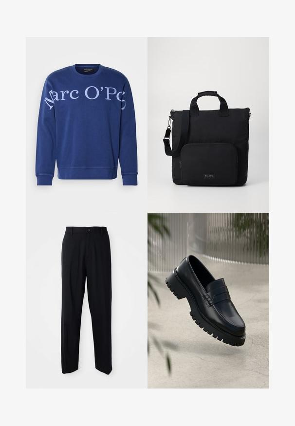 Blaues Sweatshirt aus Baumwolle mit Rundhalsausschnitt, langen Ärmeln und großen weißen Buchstaben mit der Aufschrift "Marc O'Polo" auf der Vorderseite.; Schwarze gerade geschnittene Hosen mit Gürtelschlaufen, Knopfschluss und einem eleganten, minimalistischen Design auf einem neutralen Hintergrund.; Schwarze Lederloafer mit einer robusten profilierten Sohle, ausgestattet mit einem dekorativen Riemen und einer Stichdetail. Glatte Textur mit einem polierten Finish.; Schwarze Nylontasche mit zwei kurzen Griffen, einem abnehmbaren Schultergurt und einer vorderen Reißverschlusstasche. Mit einem Markenlogo-Label.