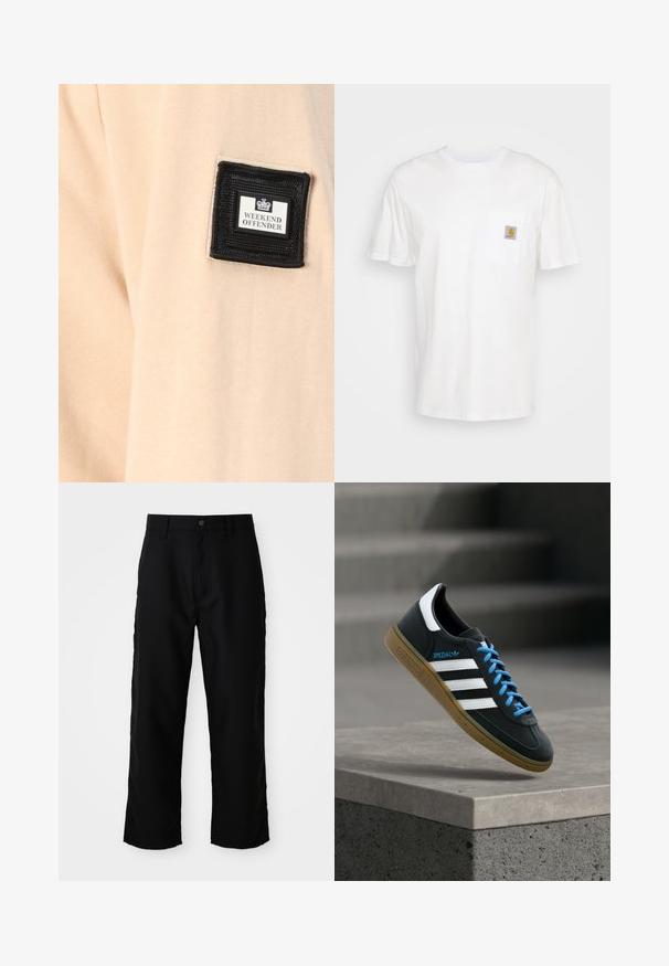 Tissu beige au toucher doux, comportant un patch carré noir avec l'inscription "WEEKEND OFFENDER" et un logo blanc.; T-shirt en coton blanc à manches courtes, avec une poche poitrine et un petit patch logo carré en orange et blanc sur la poche.; Pantalons droits noirs avec passants de ceinture, bouton frontal et fermeture éclair sur fond clair uni.; Baskets Adidas noires avec des rayures blanches, des lacets bleus et une semelle en gomme flottant au-dessus d'une marche en béton grise sous une lumière douce.