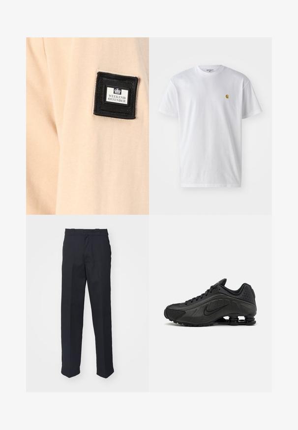 Tissu beige au toucher doux, comportant un patch carré noir avec l'inscription "WEEKEND OFFENDER" et un logo blanc.; T-shirt en coton blanc à manches courtes, col rond, avec un petit logo doré sur la poitrine gauche. Texture douce et coupe régulière.; Pantalons noirs sur mesure avec une coupe droite, en tissu lisse, dotés d'une taille avec passants et sans motifs ni pièces métalliques visibles.; Baskets de course noires avec une tige en synthétique lisse, des accents perforés, des panneaux latéraux texturés et une semelle distincte et rebondissante.