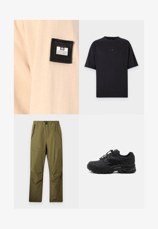 Tissu beige au toucher doux, comportant un patch carré noir avec l'inscription "WEEKEND OFFENDER" et un logo blanc.; Oakley RISE TEE - T-shirt basique - blackout; Pantalons droit vert olive avec une taille élastique et un cordon de serrage, dotés de poches latérales et d'une poche à rabat sur la cuisse droite.; Baskets de sport noires avec tissu texturé, semelle épaisse et rembourrée, aérations et fermeture à lacets, vues de profil sur fond clair.