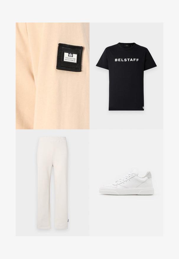 Tissu beige au toucher doux, comportant un patch carré noir avec l'inscription "WEEKEND OFFENDER" et un logo blanc.; T-shirt en coton noir avec un col rond, des manches courtes, et le logo "BELSTAFF" imprimé en blanc sur la poitrine.; Pantalons de survêtement en coton beige avec une taille élastique et un logo brodé. Design à jambes droites avec une texture lisse et des détails de couture subtils.; Des baskets en cuir blanc avec une finition lisse, un bout rond, des lacets plats et une semelle texturée. Accents en daim gris au niveau du talon.