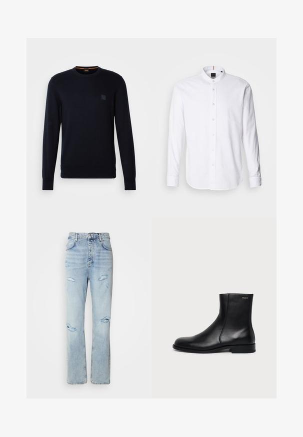 Pull en tricot bleu marine avec des manches longues, un col ras du cou, des poignets et un ourlet côtelés, arborant un petit logo carré sur la poitrine.; Chemise blanche à manches longues avec col bande, boutonnière à l'avant et ourlet arrondi. Fabriquée en coton, elle présente une texture lisse et un léger éclat.; Jean en denim délavé avec une coupe décontractée, présentant des zones déchirées et des bords effilochés. Le tissu a une texture douce et lisse.; Bottine en cuir noir à talon bas, couture latérale et petit logo "HUGO" sur le revers supérieur sur un fond uni.