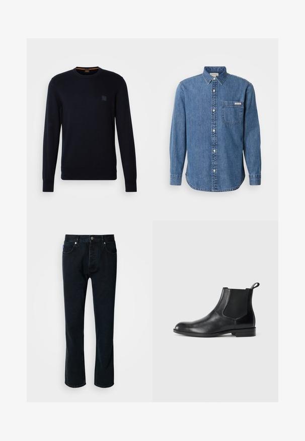 Tumedan sinine kudumipullover, millel on pikad varrukad, ümar kaelus, soonikkraed ja -ääred ning rinnal väike ruudukujuline logo silt.; Keskmise sinise värvusega denimpooltüübi särk, millel on nupuga krae, pikad varrukad, eesmine tasku ja valged nupud. Omab veidi kõverat alumist serva.; HUGO JONAH - Sirgete säärtega teksad - dark blue; Must musta nahkjahi, millel on elastsed külgpaneelid, ümar varvas ja tõmbeaasa. Sile tekstuur, lame tald, minimalistlik disain.