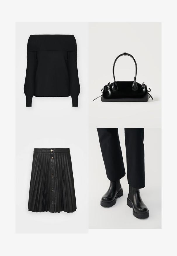 Sort off-shoulder sweater lavet af blødt strikmateriale, med ribbet kant, lange ærmer og en afslappet pasform. Ingen synlige mønstre.; VILA VIAMINA BUTTON SKIRT - Mini skirts - black; Person iført sorte læderankelstøvler med chunky sål kombineret med sorte straight-leg bukser på hvid baggrund.; Lille sort blank håndtaske med to lange håndtag og snøre-detaljer i siden på en ensfarvet lys baggrund.