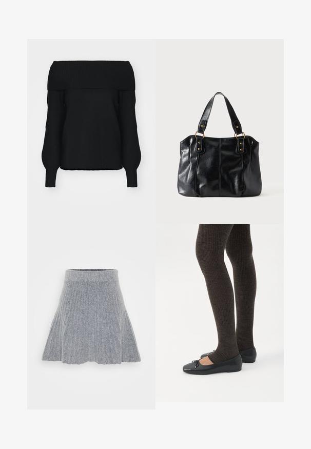 Sort off-shoulder sweater lavet af blødt strikmateriale, med ribbet kant, lange ærmer og en afslappet pasform. Ingen synlige mønstre.; Grå, plissert nederdel lavet af blød stof. Har en høj talje og en udvidet form, med en glat tekstur og en subtil meleret mønster.; Ben iført mørke ribbede leggings kombineret med sorte balletsko med små sløjfedetaljer på hvid baggrund.; Sort læder skuldertaske med dobbelte stropper fastgjort med gyldne ringe og nitter, glat og let skinnende overflade, enkelt design.