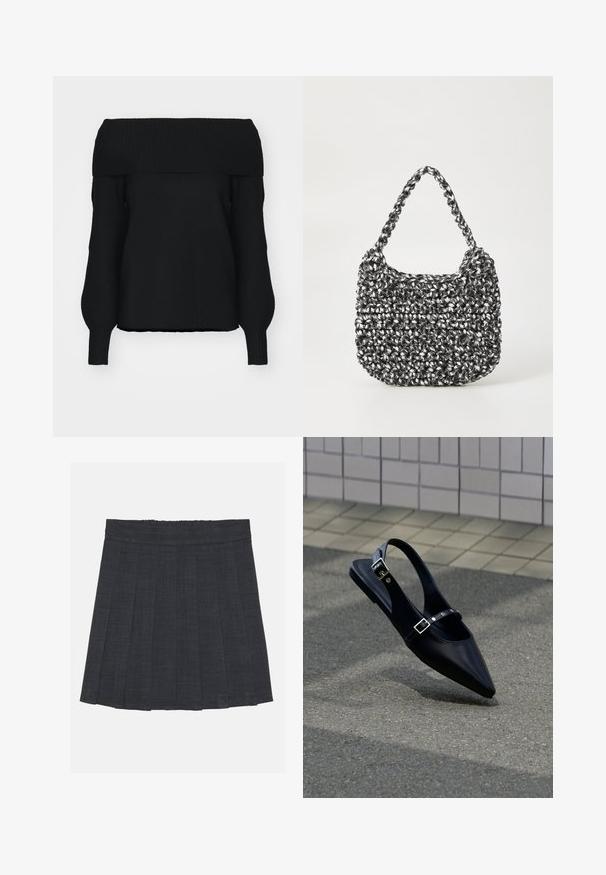 Sort off-shoulder sweater lavet af blødt strikmateriale, med ribbet kant, lange ærmer og en afslappet pasform. Ingen synlige mønstre.; Mørkegrå plisseret nederdel med elastisk talje, der har et struktureret stof og en klassisk A-formet silhuet. Velegnet til hverdag.; Sort flad slingback med spids tå og dobbelte spænder, hvilende på grå asfalt nær flisevæg.; Vævet håndtaske i sort og hvid med en rund form, tekstureret overflade og et fletet håndtag. Velegnet til afslappet brug.