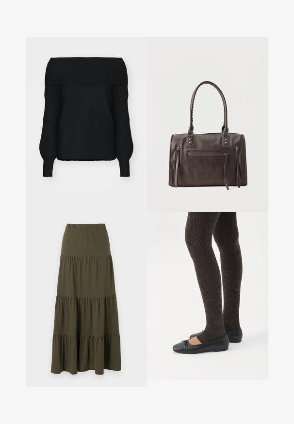Sort off-shoulder sweater lavet af blødt strikmateriale, med ribbet kant, lange ærmer og en afslappet pasform. Ingen synlige mønstre.; Olivengrøn lagdelt maxi-nederdel med elastisk taljebånd og rynkede stofpaneler.; Ben iført mørke ribbede leggings kombineret med sorte balletsko med små sløjfedetaljer på hvid baggrund.; Mørkebrun læderhåndtaske med dobbelte håndtag, front lynlåslomme og to lodrette lynlåsdetaljer på siden på en hvid baggrund.