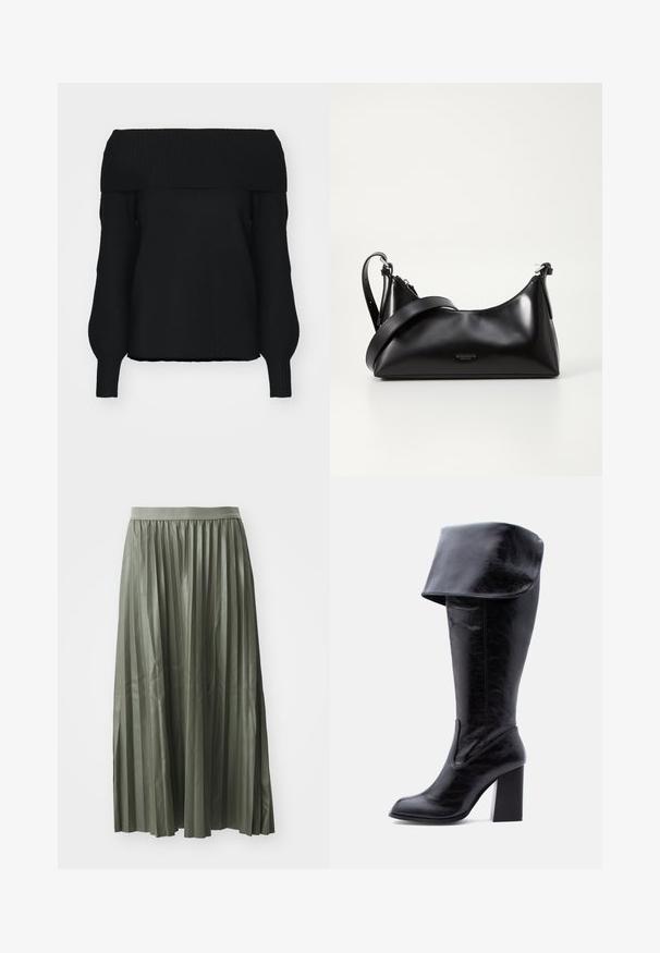 Sort off-shoulder sweater lavet af blødt strikmateriale, med ribbet kant, lange ærmer og en afslappet pasform. Ingen synlige mønstre.; Plisseret midi-nederdel i dæmpet grøn, lavet af glat stof. Har en elastisk talje og falder til midt på læggen med jævnt fordelte lodrette plisseringer.; Høj sort læderstøvle med hæl, foldet kant og rund tå, stående oprejst på en hvid baggrund.; Sort læderhåndtaske med en glat tekstur. Har en justerbar stropp og et enkelt, minimalistisk design med lynlås.