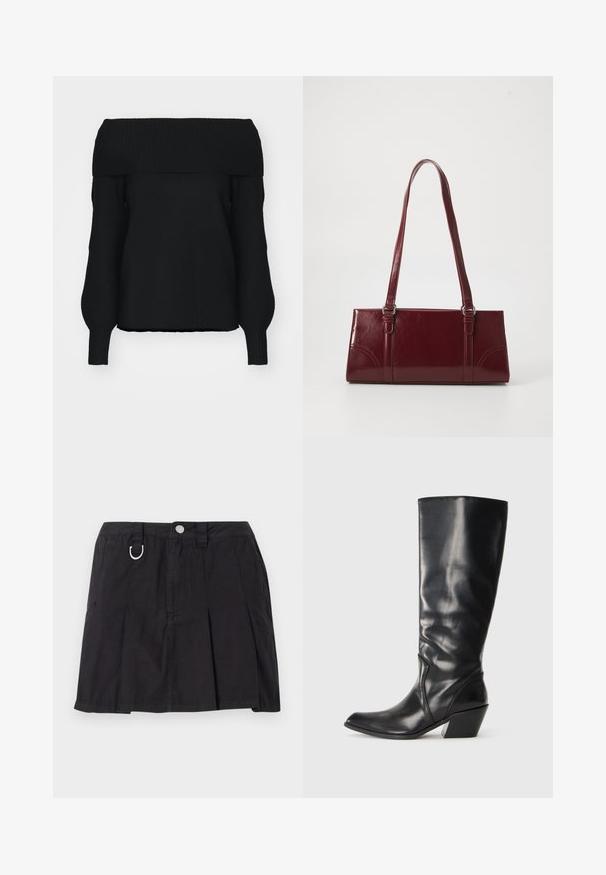 Sort off-shoulder sweater lavet af blødt strikmateriale, med ribbet kant, lange ærmer og en afslappet pasform. Ingen synlige mønstre.; Sort plisseret nederdel lavet af bomuld, med frontknaplukning, bæltestropper og en D-ring detalje i taljen.; Sorte læder knæhøje støvler med spids tå, vinklet hæl og glat tekstur. Funktioner en subtil syning langs siden.; Bordeaux håndtaske lavet af glansfuldt materiale, rektangulær form, med to skulderremme og subtile buede detaljer på forsiden.