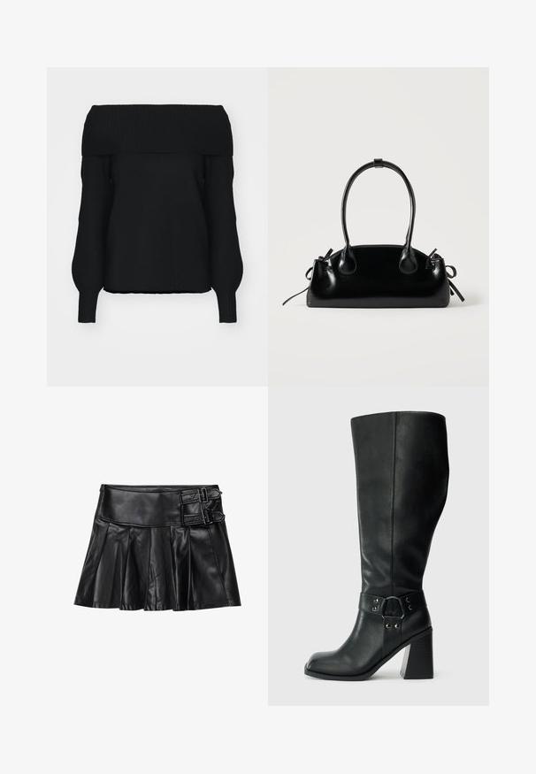 Sort off-shoulder sweater lavet af blødt strikmateriale, med ribbet kant, lange ærmer og en afslappet pasform. Ingen synlige mønstre.; Sort læderskirt med pliser, bred talje og to spænde-accenter på siden. Glat tekstur med en blank finish.; Knæhøje sorte læderstøvler med firkantet tå, bred hæl og en dekorativ rem med metalaccenter omkring anklen. Glat tekstur.; Lille sort blank håndtaske med to lange håndtag og snøre-detaljer i siden på en ensfarvet lys baggrund.