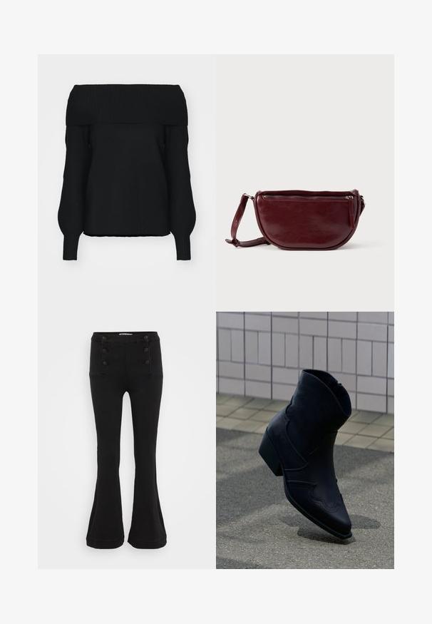 Sort off-shoulder sweater lavet af blødt strikmateriale, med ribbet kant, lange ærmer og en afslappet pasform. Ingen synlige mønstre.; Sorte flared bukser lavet af denim, med høj talje, fem-knaps frontlukning og to frontlommer med dekorativ syning.; Sort læderankelstøvle med lav hæl, dekorative syninger og spids tå, placeret opret på en brolagt overflade ved siden af en flisebelagt væg.; Vinrød læderhåndtaske med halvmåneform, lynlås og aftagelig rem. Glat tekstur med en subtil glans.