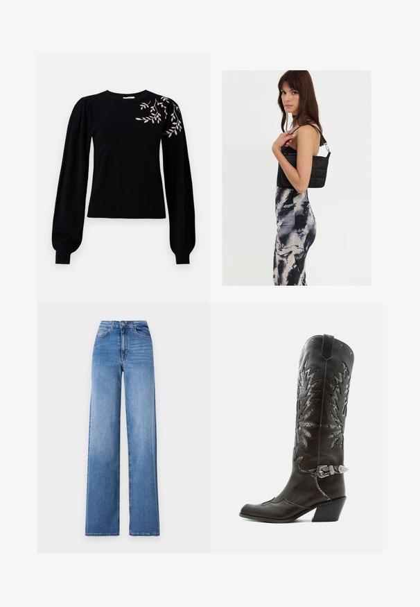 Object OBJTHESS EMBROIDERY PULLOVER - Pullover - black; Jeans en denim bleu clair à jambes larges, dotés d'une taille haute, de poches avant et d'une fermeture à bouton standard. Texture lisse.; Botte de cowboy en cuir noir avec découpes décoratives, boucle argentée et talon incliné, présentée sur fond blanc.; Sac à épaule noir en matelassé avec une seule sangle et des accessoires en argent, associé à une robe ajustée à motif tie-dye dans des teintes de noir et de crème.