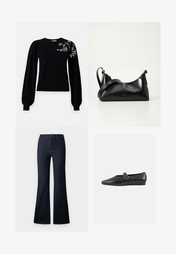 Object OBJTHESS EMBROIDERY PULLOVER - Striktrøje - black; Mørkeblå højhælede denim jeans med flared ben, frontknap og lynlås samt femlomme-design.; Sorte læder flade sko med spidse tæer, prydet med en metallisk spænde over vristen og en lav, fleksibel sål.; Sort læderhåndtaske med en glat tekstur. Har en justerbar stropp og et enkelt, minimalistisk design med lynlås.