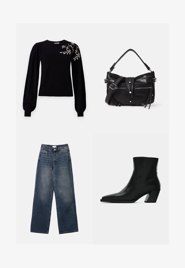 Object OBJTHESS EMBROIDERY PULLOVER - Striktrøje - black; Mænds højtaljede blå denim jeans med brede ben, frontknap og lynlås samt for- og baglommer.; Sortlæder ankelstøvle med spids tå, en slank silhuet og en kraftig firkantet hæl. Glat tekstur med minimale stikninger.; Even&Odd H24462 - Håndtasker - black