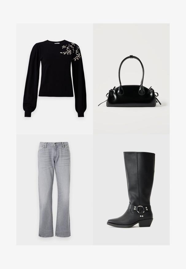 Object OBJTHESS EMBROIDERY PULLOVER - Striktrøje - black; Wrangler LOW RISE COWBOY - Jeans Straight Leg - haute haze; Sorte læderknæhøje støvler med spids tå, der har en dekorativ ankelrem og sølvfarvede hardware-detaljer. Lav stablet hæl.; Lille sort blank håndtaske med to lange håndtag og snøre-detaljer i siden på en ensfarvet lys baggrund.