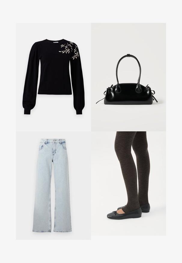 Object OBJTHESS EMBROIDERY PULLOVER - Striktrøje - black; Lyseblå bred ben jeans lavet af denim, med høj talje, bælteholdere, fem lommer og slidte områder for et vintage udseende.; Ben iført mørke ribbede leggings kombineret med sorte balletsko med små sløjfedetaljer på hvid baggrund.; Lille sort blank håndtaske med to lange håndtag og snøre-detaljer i siden på en ensfarvet lys baggrund.