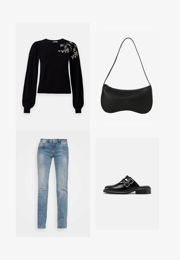 Object OBJTHESS EMBROIDERY PULLOVER - Svetrík - black; LTB VALERIE - Džínsy bootcut - zinnia wash; Čierna kožená nazúvacia obuv so striebornými dvoma prackami, otvorenými bokmi, okrúhlou špičkou a nízkym viazaným opätkom, zobrazená z profilu na bielom pozadí.; Čierna kožená kabelka na rameno s zakriveným tvarom, zapínaním na zips a jedným tenkým remienkom; hladká textúra a jemný vyrazený detail loga.