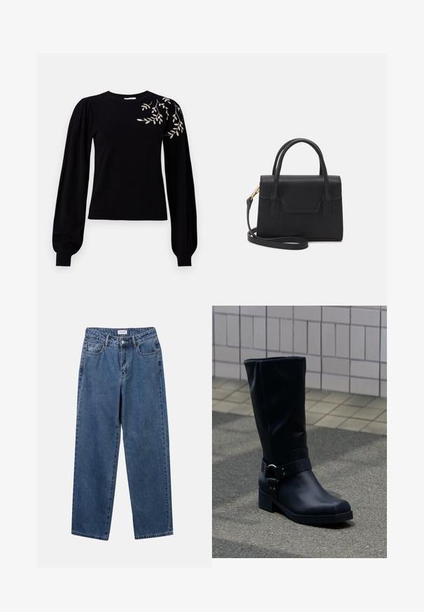 Object OBJTHESS EMBROIDERY PULLOVER - Pullover - black; Jean en denim bleu classique avec une coupe droite, cinq poches et une fermeture par bouton. Présente un lavage moyen et une texture robuste.; Botte en cuir noire mi-mollet avec un petit talon bloc et une bride décorative avec boucle métallique autour de la cheville, sur un trottoir carrelé.; Sac à main structuré noir en cuir avec une poignée supérieure, une bandoulière détachable et un détail à rabat à l'avant. Accents en matériel doré.