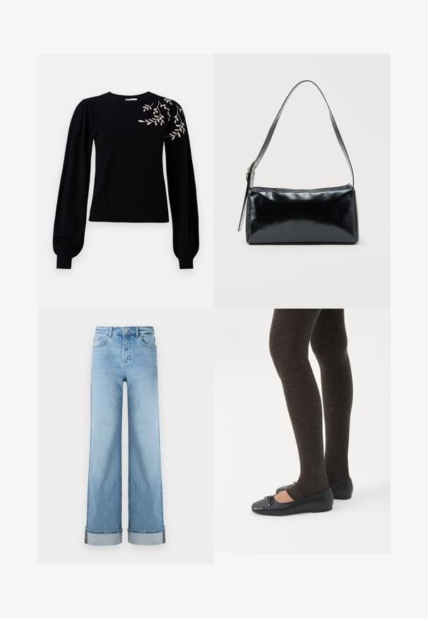 Object OBJTHESS EMBROIDERY PULLOVER - Svetrík - black; Svetlo modré široké džínsy v klasickej denimovej látke s vysokým pásom, s vyhrnutými spodnými okrajmi a viditeľným prešívaním.; Nohy v tmavých pásikavých legínach v kombinácii s čiernymi balerínkami s malými mašličkami na bielom pozadí.; Čierna obdĺžniková kabelka na rameno s jedným nastaviteľným remienkom a horným zipsom na jednofarebnom pozadí.