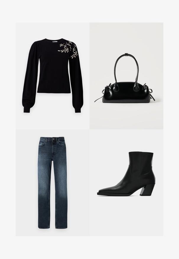 Object OBJTHESS EMBROIDERY PULLOVER - Svetrík - black; Tmavomodré džínsy z denimu so strihom rovného nohavice, piatimi vreckami a predným zapínaním na gombík. Majú jemné vyblednutie pri lemovaní.; Čierna kožená členková topánka s špicatou špičkou, elegantným siluetou a masívnym štvorecovým podpätkom. Hladký povrch s minimálnymi švovými detailmi.; Malá čierna lesklá kabelka s dvoma dlhými rúčkami a bočnými šnúrkovými detailmi na jednoduchom svetlom pozadí.