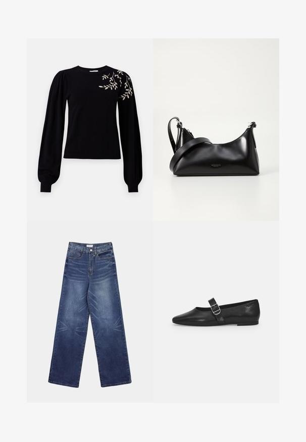 Object OBJTHESS EMBROIDERY PULLOVER - Svetrík - black; Džínsy s širokými nohavicami v tmavomodrej farbe, s vysokým pásom, výraznými vyblednutými vzormi na prednej strane a klasickým päťvreckovým strihom.; Čierna kožená plochá obuv s okrúhlym nosom, jedným nastaviteľným pásikom so sponou a hladkým, lesklým povrchom. Minimalistický dizajn s nízkym podpätkom.; Čierna kožená kabelka s hladkou textúrou. Obsahuje nastaviteľný popruh a elegantný, minimalistický dizajn so zipsovým uzatvorením.