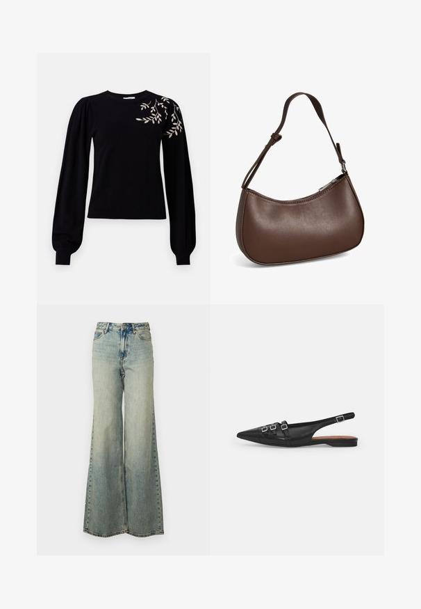 Object OBJTHESS EMBROIDERY PULLOVER - Striktrøje - black; Lyseblå vide jeans lavet af denim, med høj talje, bleget vask og sidelommer med synlige stikninger.; Sort læderslyngeflad sko med spids tå, der har to vandrette stropper og firkantede sølvspænder, lav hæl og glat tekstur.; Lille brun skuldertaske i læder med justerbar rem og lynlåslukning, vist mod hvid baggrund. Ingen synligt branding eller dekorationer.