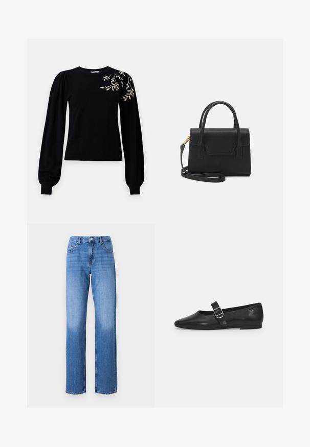 Object OBJTHESS EMBROIDERY PULLOVER - Svetrík - black; Svetlomodré džíny z denimu s vysokým pásom, rovného strihu a vybledlými miestami. Obsahujú štandardné predné vrecká a zapínanie na gombík.; Čierna kožená plochá obuv s okrúhlym nosom, jedným nastaviteľným pásikom so sponou a hladkým, lesklým povrchom. Minimalistický dizajn s nízkym podpätkom.; Čierna štruktúrovaná kabelka z kože s horným uchom, odnímateľným ramenným popruhom a predným uzáverom. Akcenty v zlatej farbe.