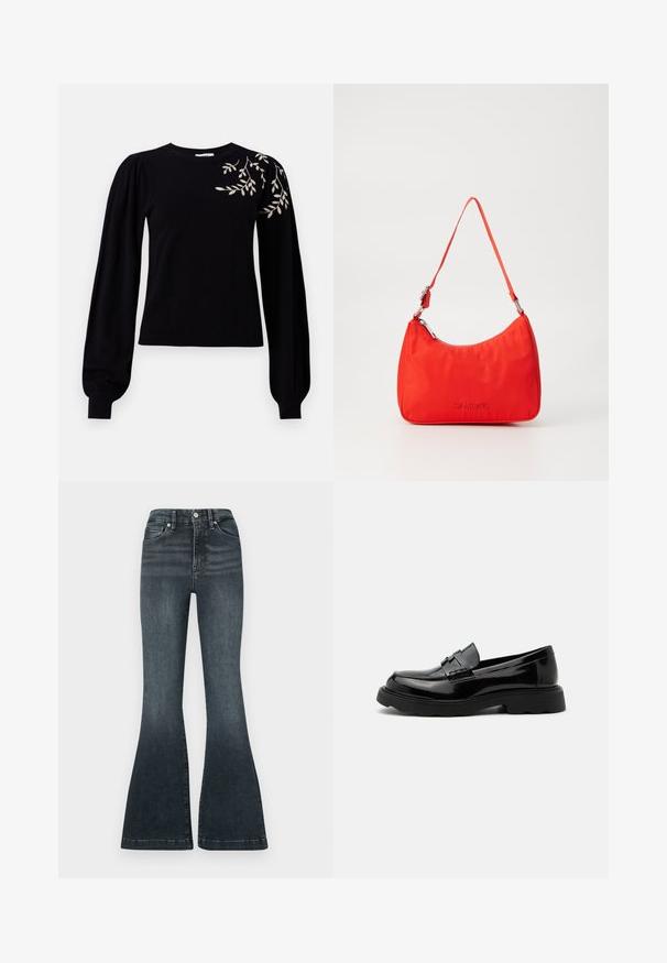 Object OBJTHESS EMBROIDERY PULLOVER - Svetrík - black; Good American ALWAYS FITS GOOD LEGS FLARE TROUSER - Zvonové džínsy - indigo; Čierny lesklý kožený mokasín s hrubou podrážkou a ozdobným remienkom na vrchu, na jednolivom svetlosivom pozadí.; Červená nylonová kabelka s oblúkovým siluetom, jedným popruhom, striebornými kovovými doplnkami a embosovaným logom na prednej strane. Hladký povrch.