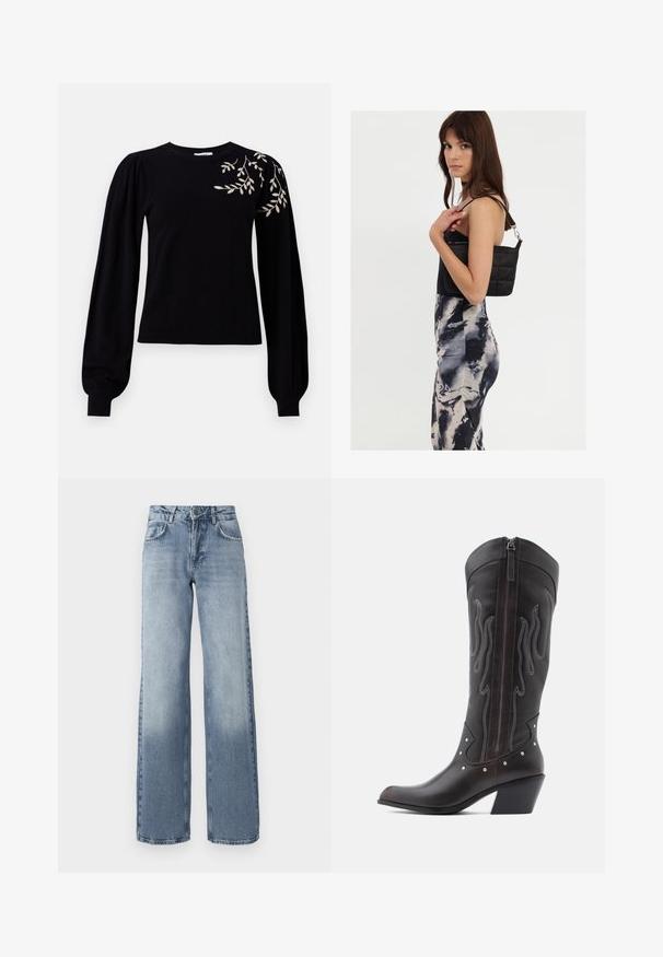 Object OBJTHESS EMBROIDERY PULLOVER - Striktrøje - black; Bredde ben bløde denim jeans i blå med en lys vask, lynlås, fem-lomme design og subtil falming nær anklerne.; Brune læder cowboystøvler med flammebroderi, sidelukning med lynlås, sølvnitter, spids snude og lagdelt hæl.; Sort quiltet skuldertaske med en enkelt rem og sølvhardware, parret med en tætsiddende kjole med tie-dye mønster i nuancer af sort og creme.